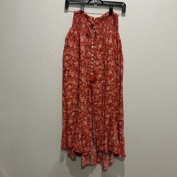 Cynthia Rowley Boho Maxi Skirt Red Floral Button Front Tassel High Waist M - Picture 2 of 9